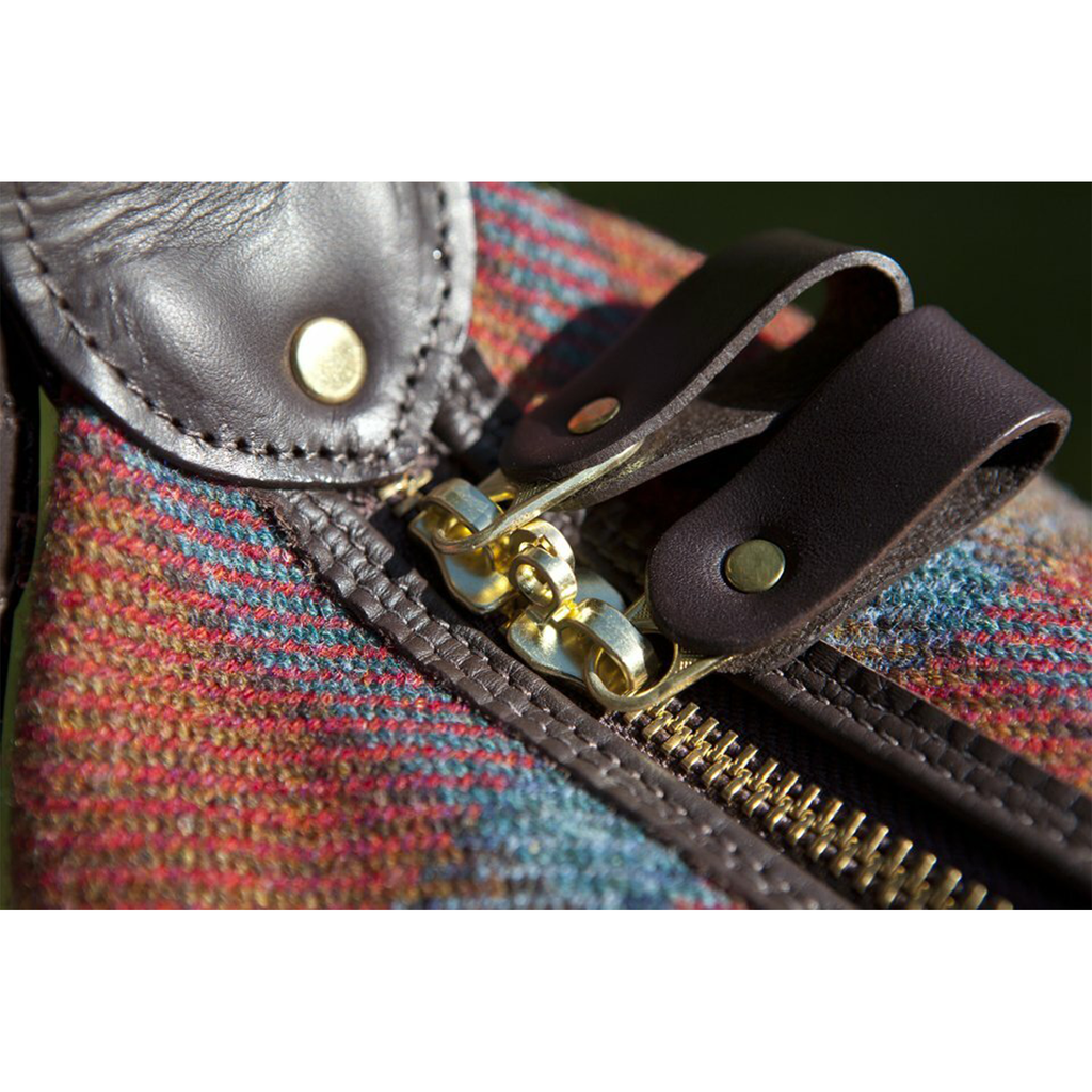 Detail of zipper and leather pulls on the Chambers Weekender Bag