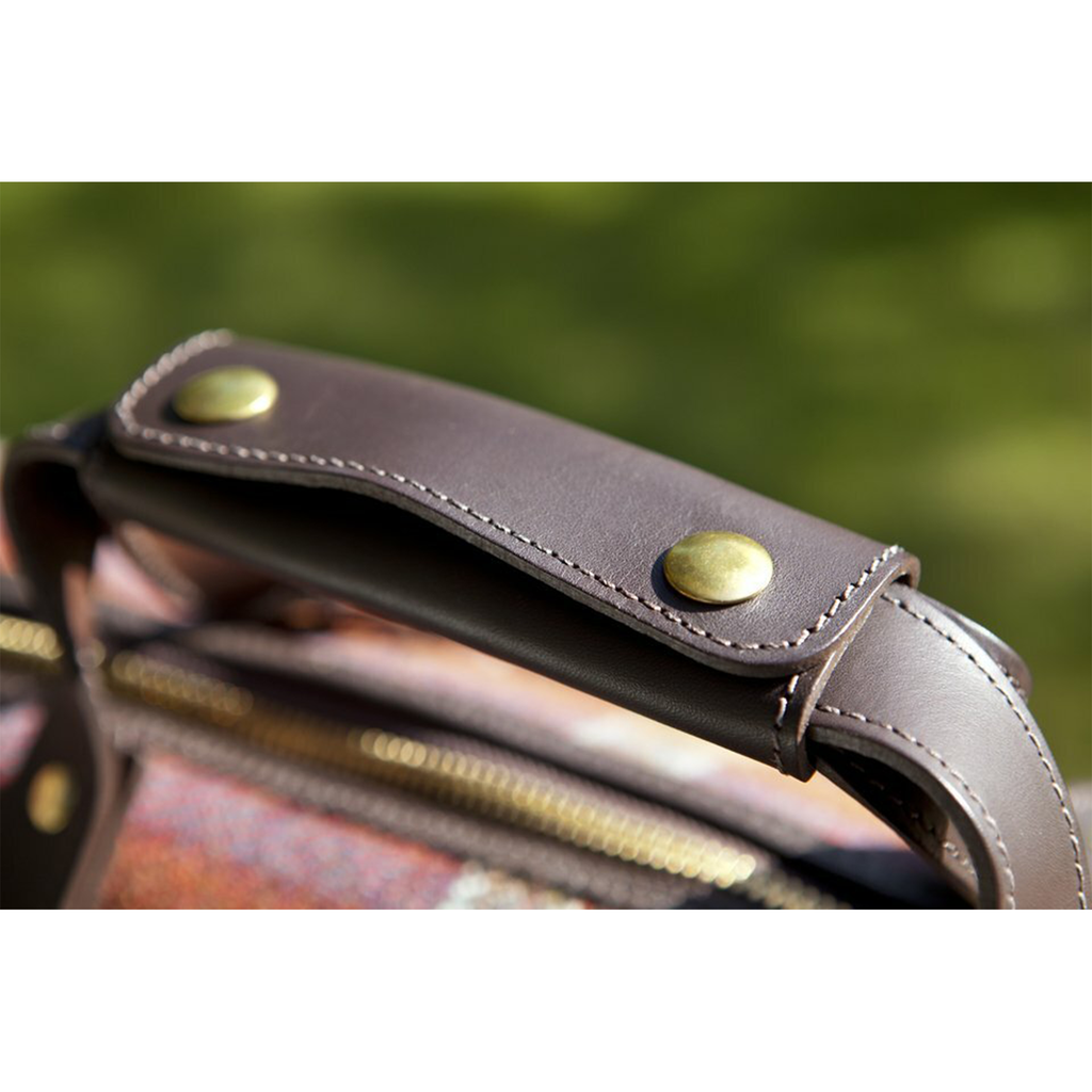Detail of snaps on the the leather handle of the Chambers Weekender bag