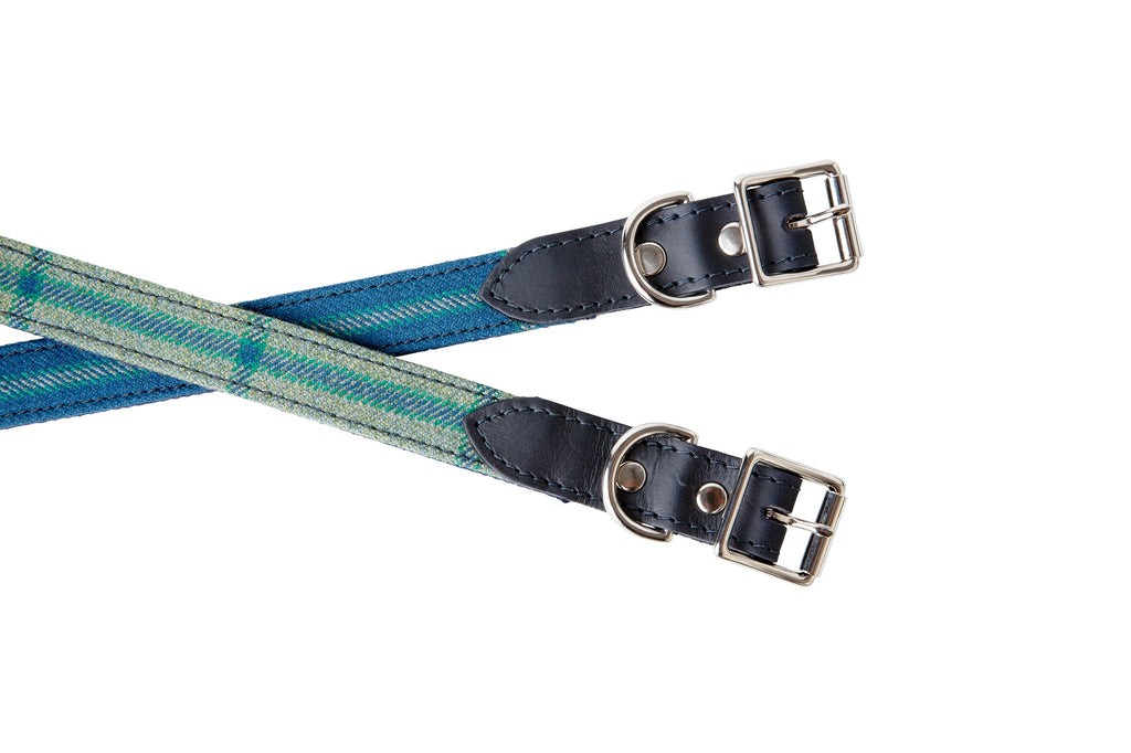 The Colley Dog Collar in green and blue patterned Links House Tweed crossed over the Colley Dog Collar in blue Struie Tweed